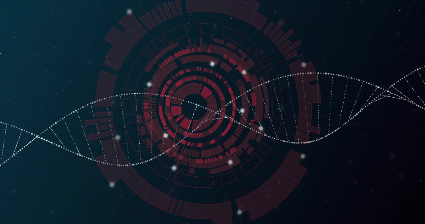 Red concentric rings emerging then pulsing as white dotted helix weaving rings visualizing data
