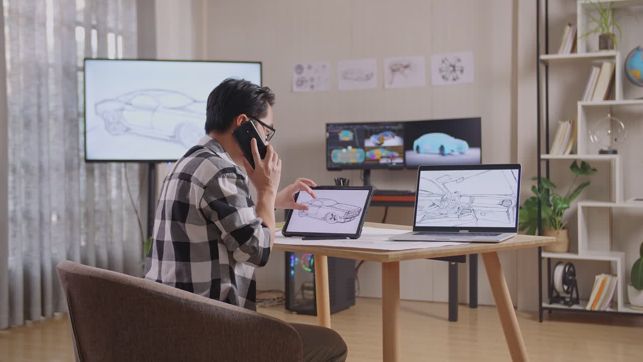 Side View Of Asian Male Talking On Smartphone While Drawing New Car Design Concept On A Tablet In The Studio With Tv And Computers Display 3D Electric Car Model