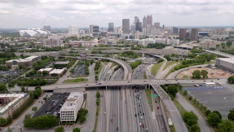 Atlanta,-Georgia-skyline,-traffic-and-Georgia-state-capitol-building-with-drone-video-wide-shot-stable