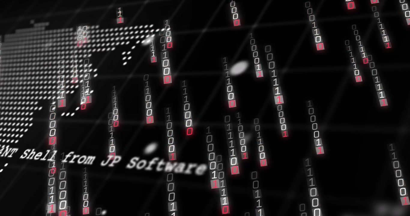 Animation of falling binary codes and programming language over dots forming map