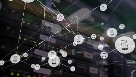 animation of connected icons and dots with graphs over routers in background