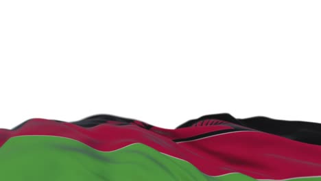 malawi fabric flag waving on the wind loop. malawian embroidery stitched cloth banner swaying on the breeze. half-filled white background. place for text. 20 seconds loop.