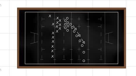 Animation-of-football-game-strategy-drawn-on-black-chalkboard-against-squared-lined-paper-background