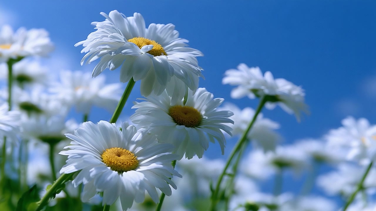 Vivaci margherite bianche che abbracciano i cieli azzurri e luminosi: un bellissimo spettacolo floreale nello splendore della natura.