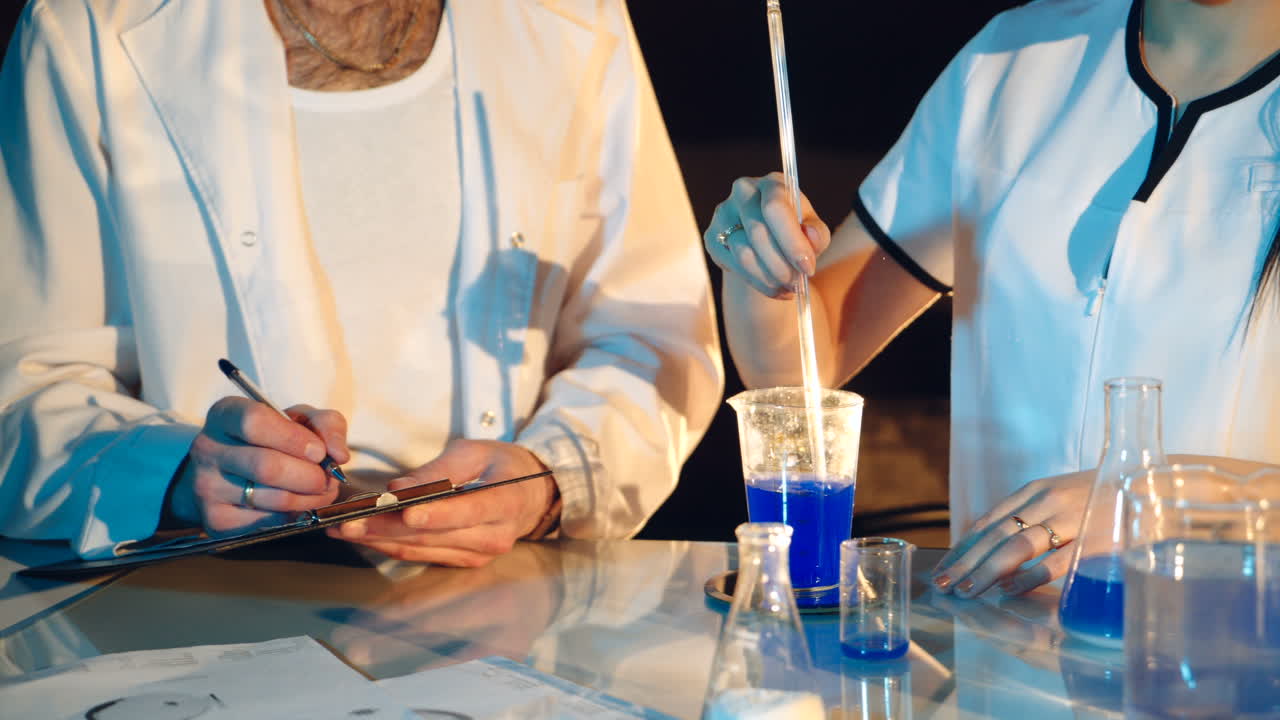 two technicians are performing tests with chemicals and liquids in test tubes at the hospital
