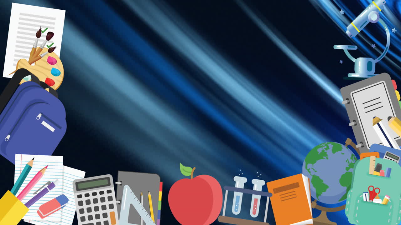 Animation of school equipment and apple on blue swirl background
