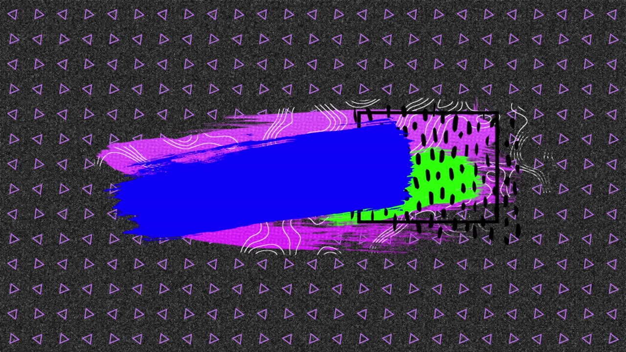 Animazione di macchie di vernice astratte rosa, blu e verdi, su linee di contorno in movimento e triangoli rosa