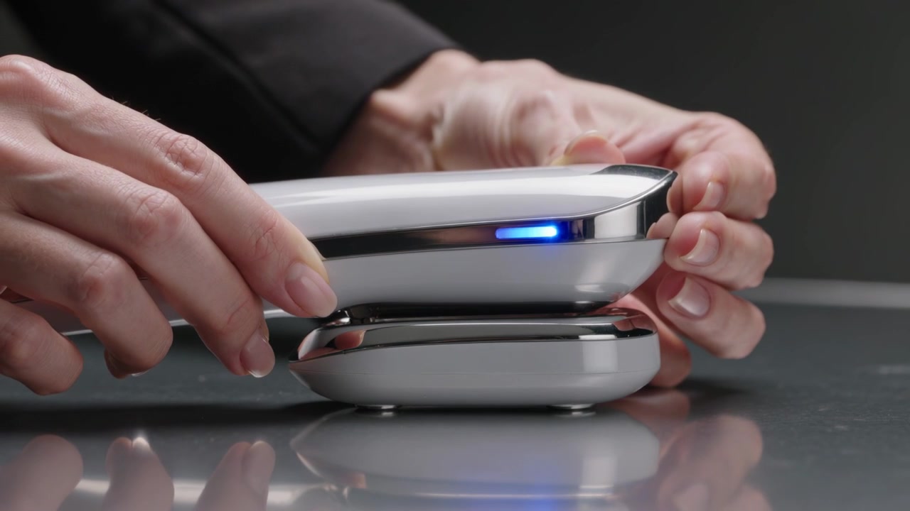 Aligning, dark-jacketed hands lowering white unit onto base on glossy gray table, blue LED charging