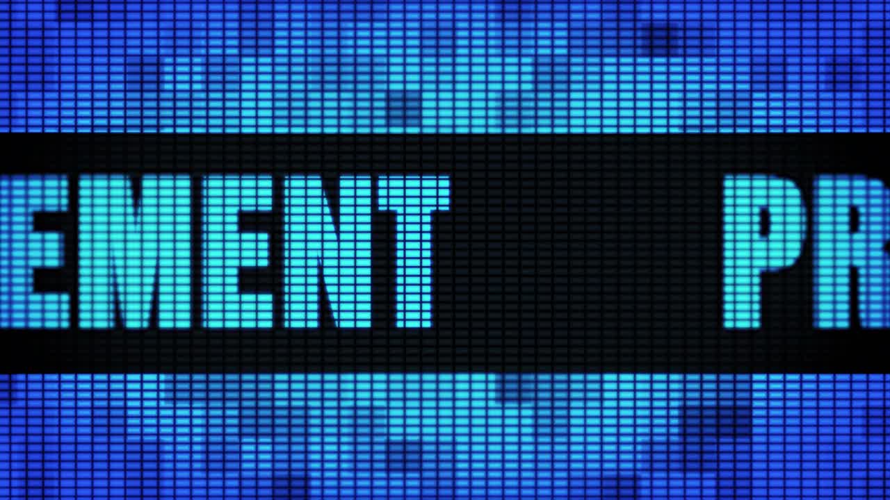 Project management front text scrolling on light blue digital led display board pixel light screen