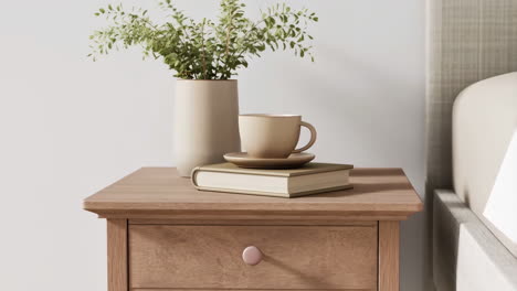cozy bedroom nightstand with books, plant, and teacup