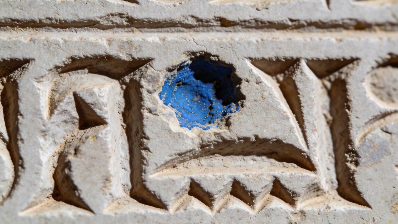 Zoom della telecamera che regola la messa a fuoco su un pallido rilievo intagliato a distanza ravvicinata, evidenziando una cavità blu.