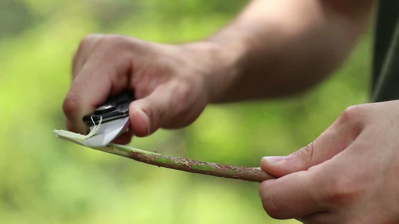 숲에서 칼을 사용하는 남자