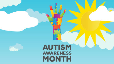 animation of autism awareness month text and hand formed with puzzles on clouds and sun on blue sky