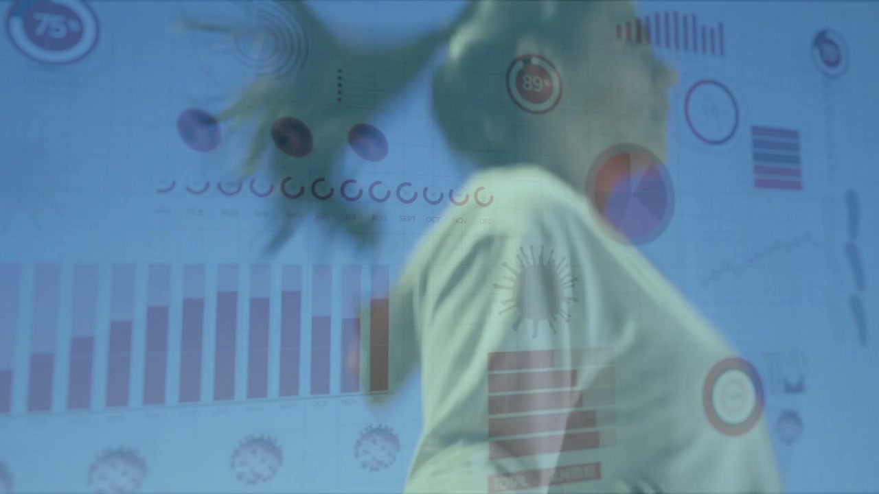 Woman showing small green device, displaying data via tech HUD charts while tilting head upward