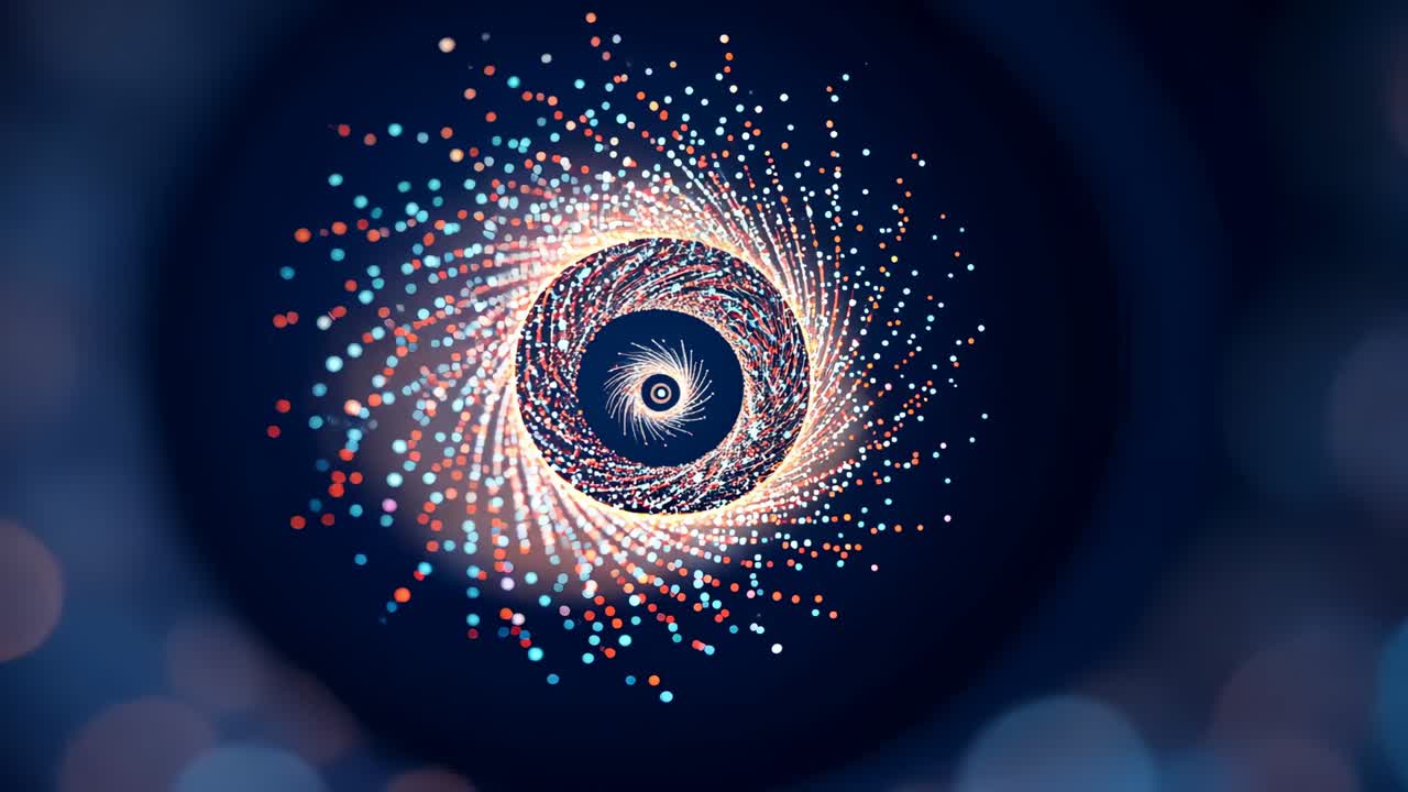 Starting colorful spiral forming around pale white gold ring in dark void, with drifting bokeh orbs