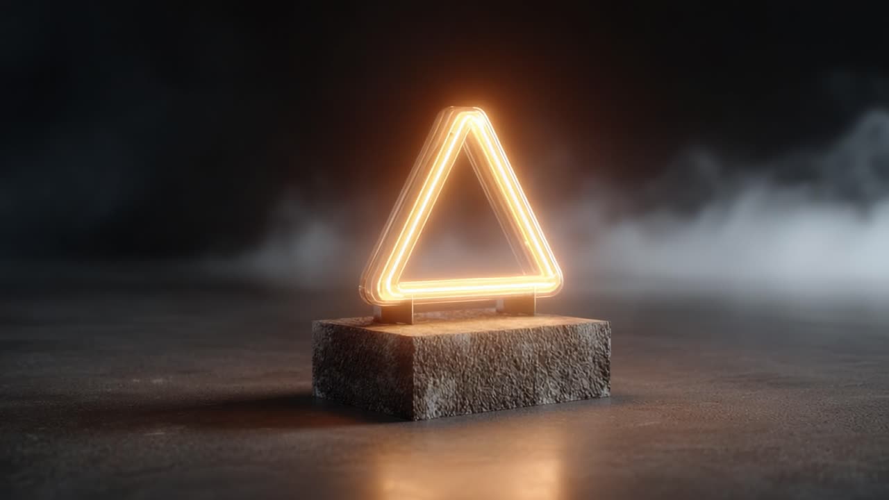 A Glowing Triangular Neon Sign on a Stone Base, Radiating Light in a Dark, Misty Environment, Perfect for Creative Projects and Artistic Displays