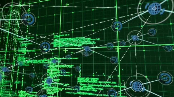 Targeting reticle locking central node, connected nodes appearing and linking out to map data flow