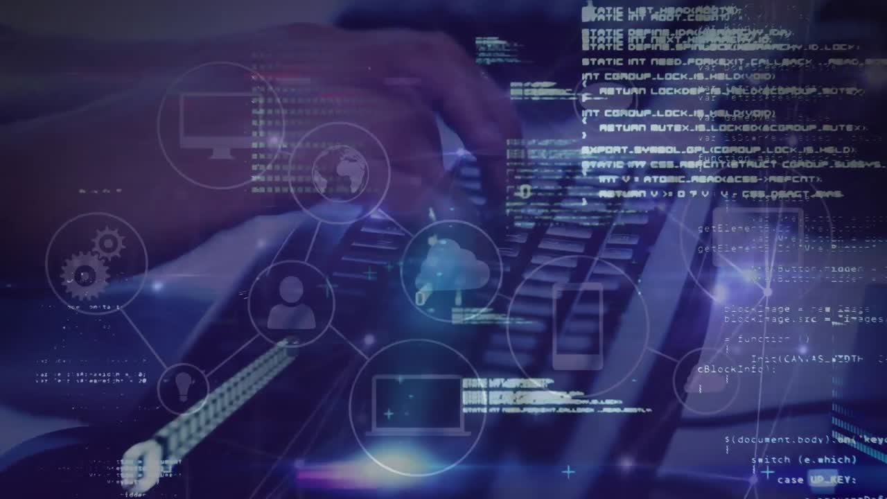 animación de datos y red de conexiones, escritura a mano del teclado de la computadora