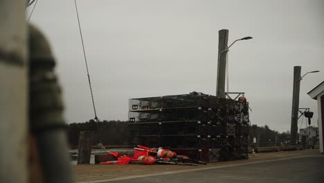 Unique-shot-of-Maine-lobster-traps-and-fishing-buoys