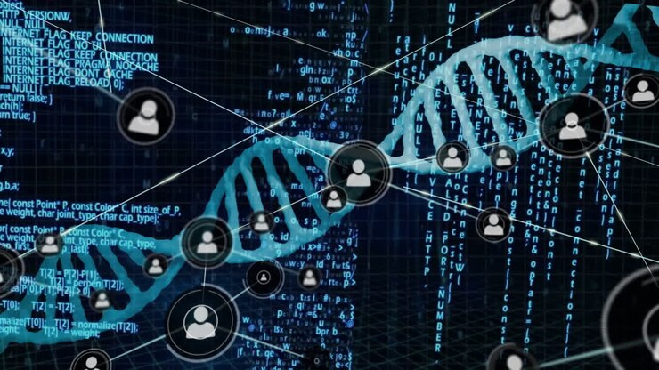 Binary coding and DNA strand processing scientific data animation in laboratory