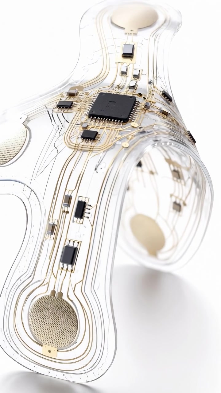 Camera moves toward transparent curved electronic component, bringing gold conductive paths, black chips, fine connections, and circular mesh contact areas into detailed view.