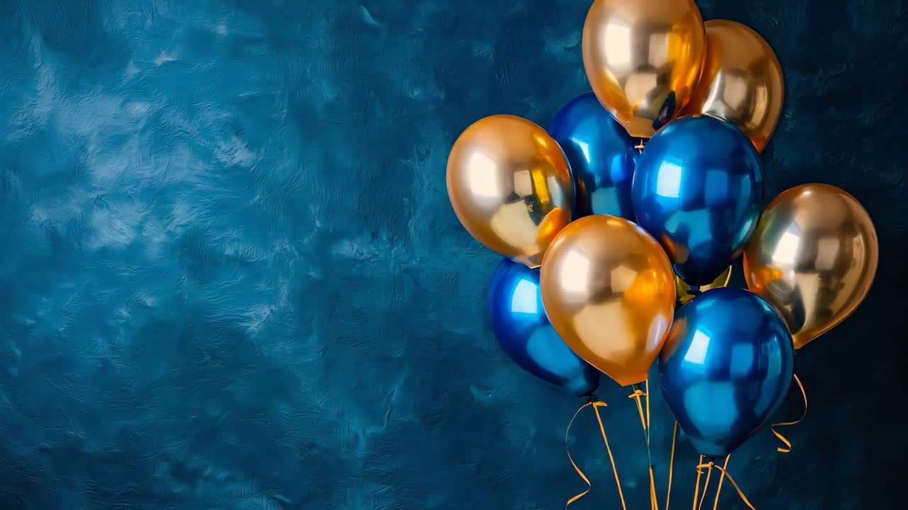 un montón de globos azules y dorados en un fondo azul