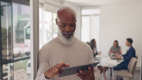 senior black man, tablet and reading in office