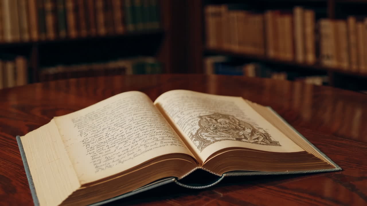 개방 된 책 을 가진 고대 도서관