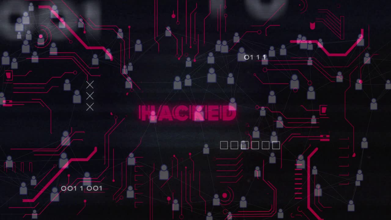 Vertical video: Showing HACKED glitching in dark UI, magenta lines pulsing and nodes showing breach