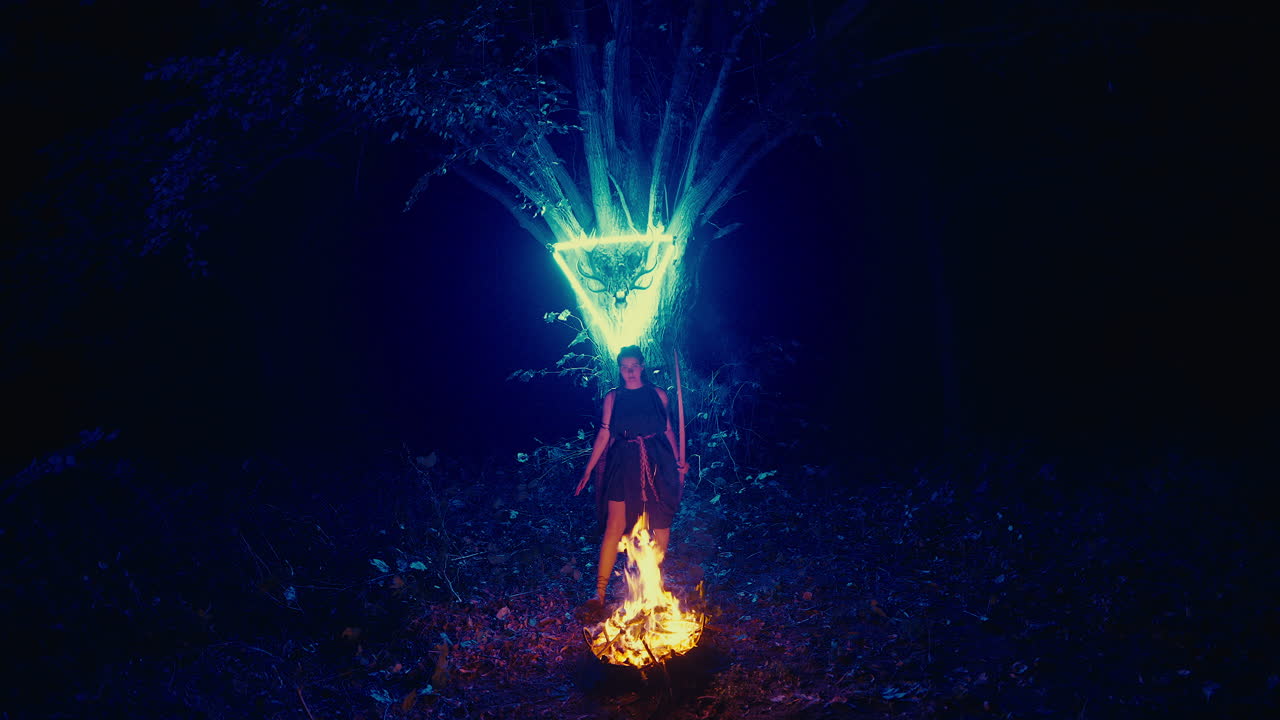 Woman by a bonfire in the forest, illuminated by glowing light patterns