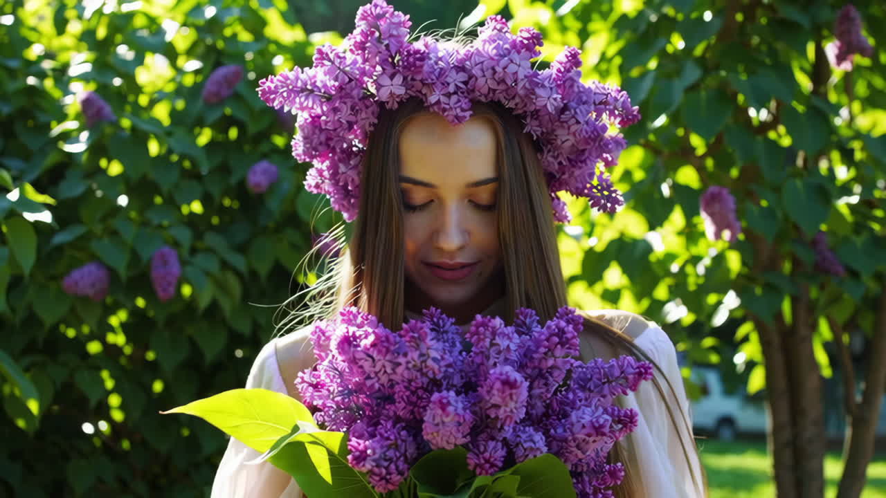 Young Woman with Lilac Flowers and Floral Wreath