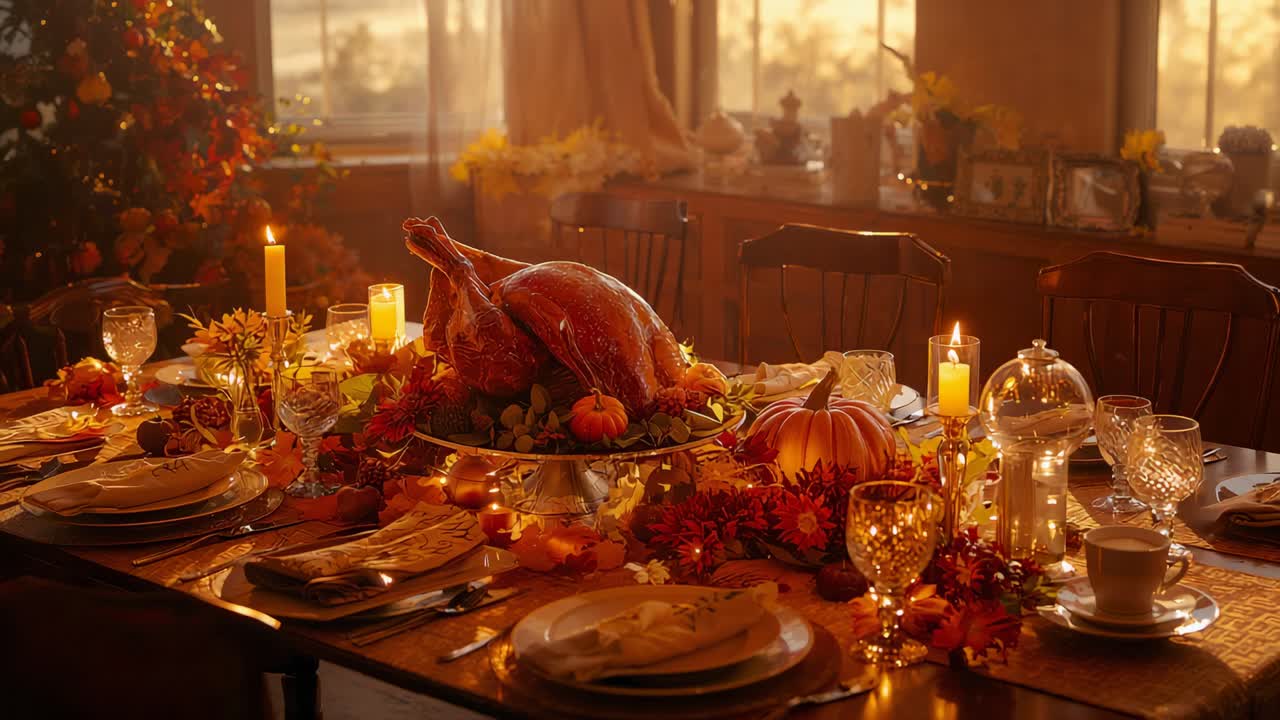 Shifting sun causing roast turkey waiting on raised platter in dining room, with candles, pumpkins