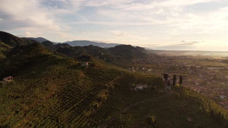 vista aérea del paisaje sobre las famosas colinas de prosecco con filas de viñedos, en italia, en una mañana brumosa