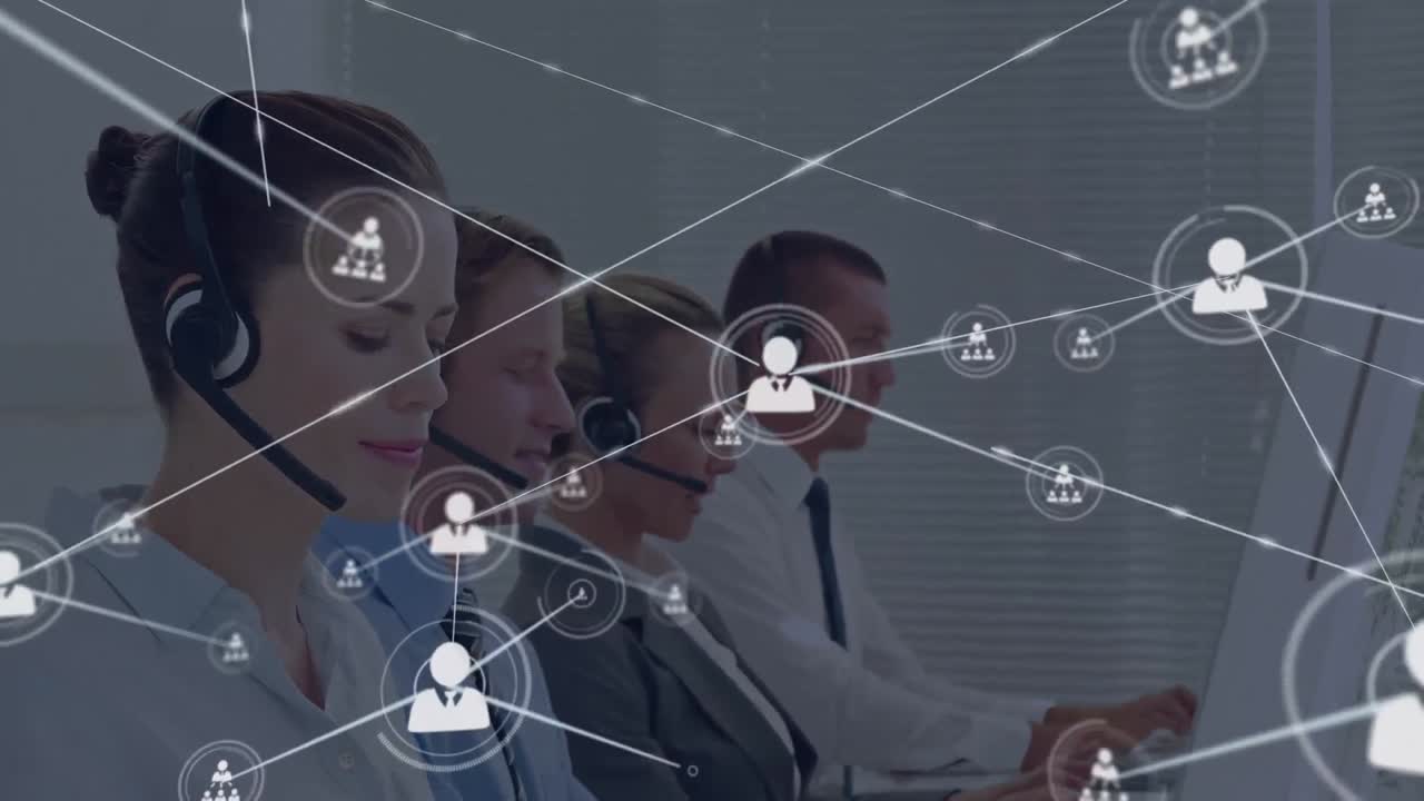 Animation of network of profiles over diverse colleagues wearing phone headsets working at office
