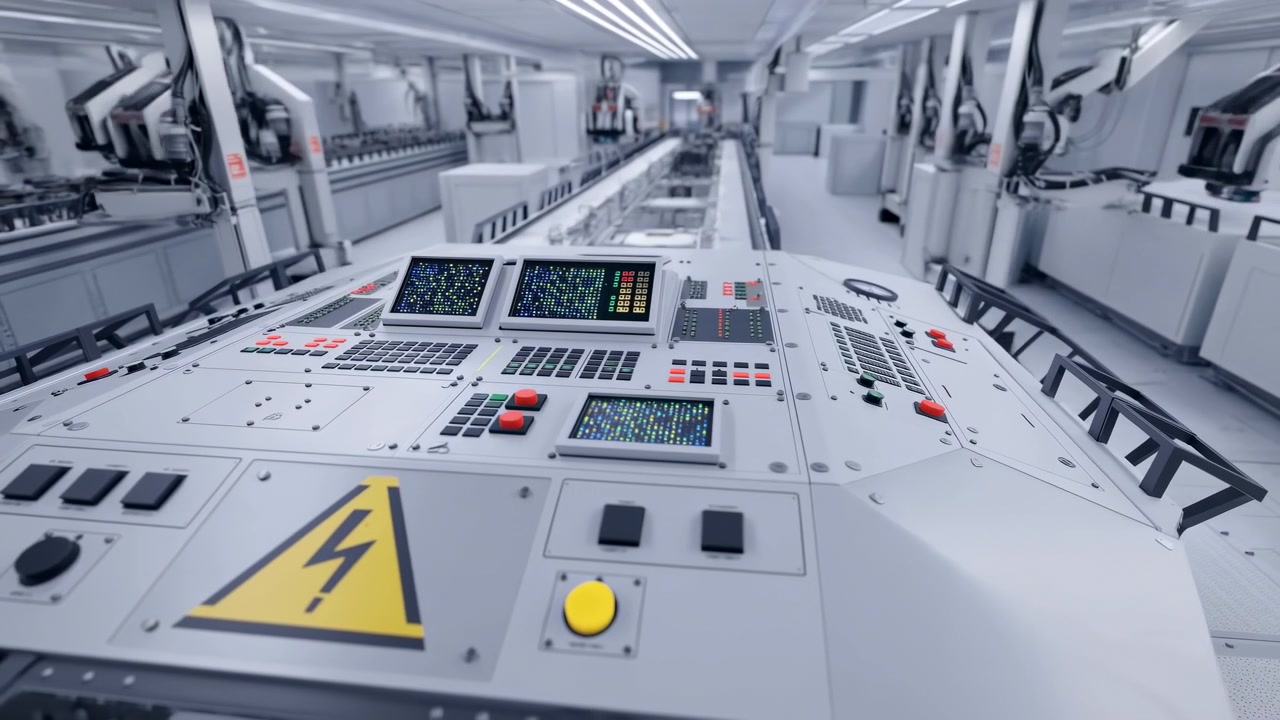 Bright industrial interior with a large control panel in the foreground, illuminated monitors, robotic equipment, and a long assembly line stretching into the