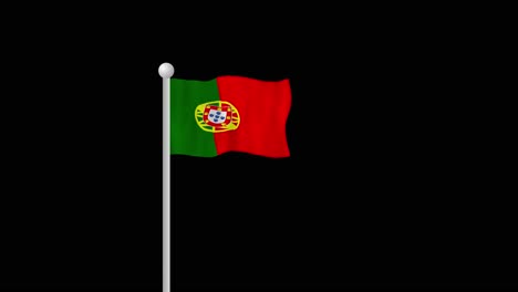 portuguese flag on flagpole moving in the wind with black background