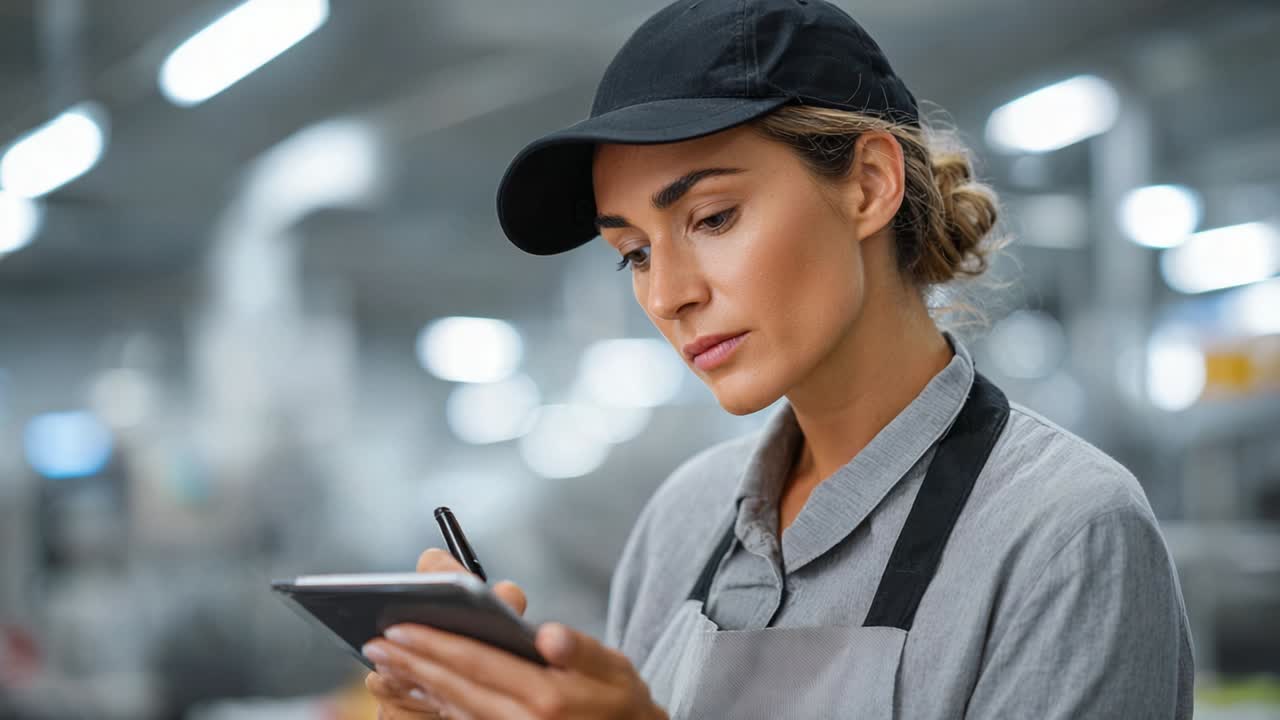Woman in uniform inspecting inventory with tablet