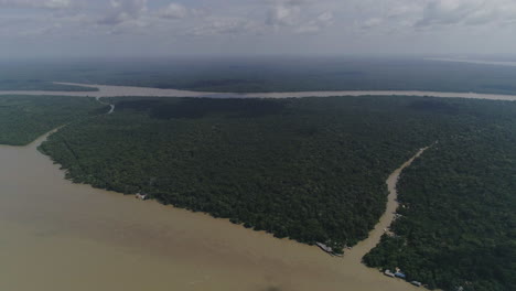 enorme río amazónico con afluentes dentro de la selva, toma aérea muy alta que muestra el horizonte
