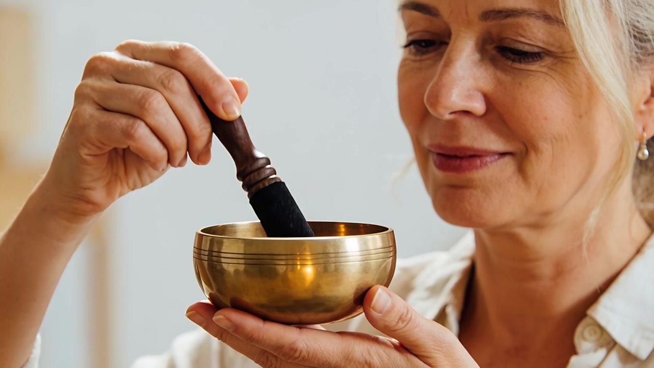 Donna in camicetta chiara che strofina un batacchio attorno a una ciotola tibetana in ottone per la calma in uno studio casalingo.
