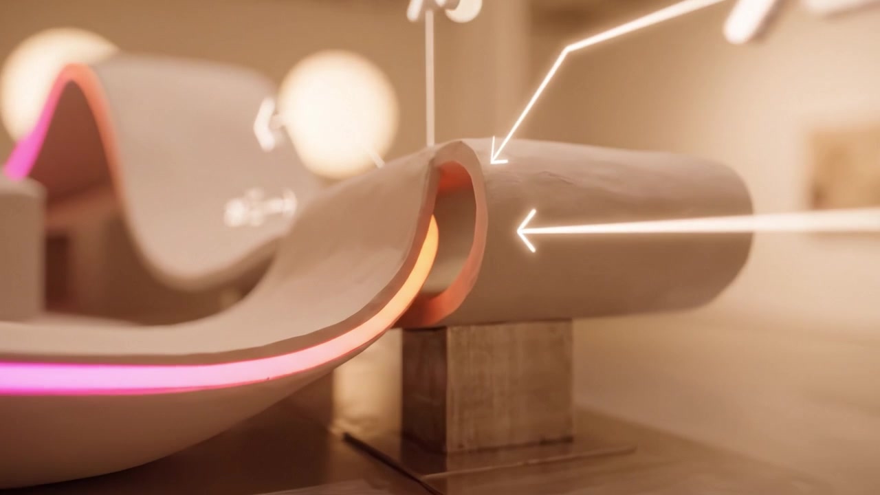 Exploring Innovative Designs: A Showcase of Abstract Sculptures with Illuminated Elements in a Modern Art Gallery Setting