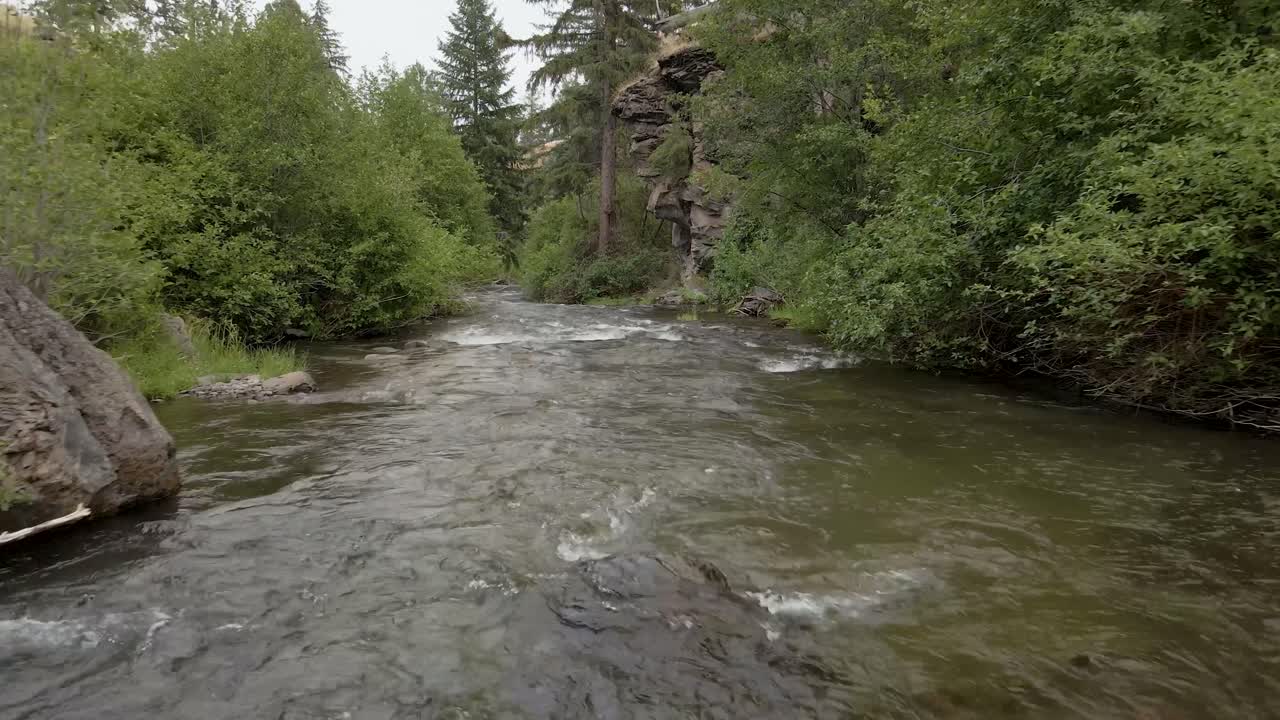 Ripresa in volo radente sulla superficie del Tumalo Creek a Bend, Oregon