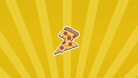 animación de iconos de pizza sobre rayas en fondo amarillo