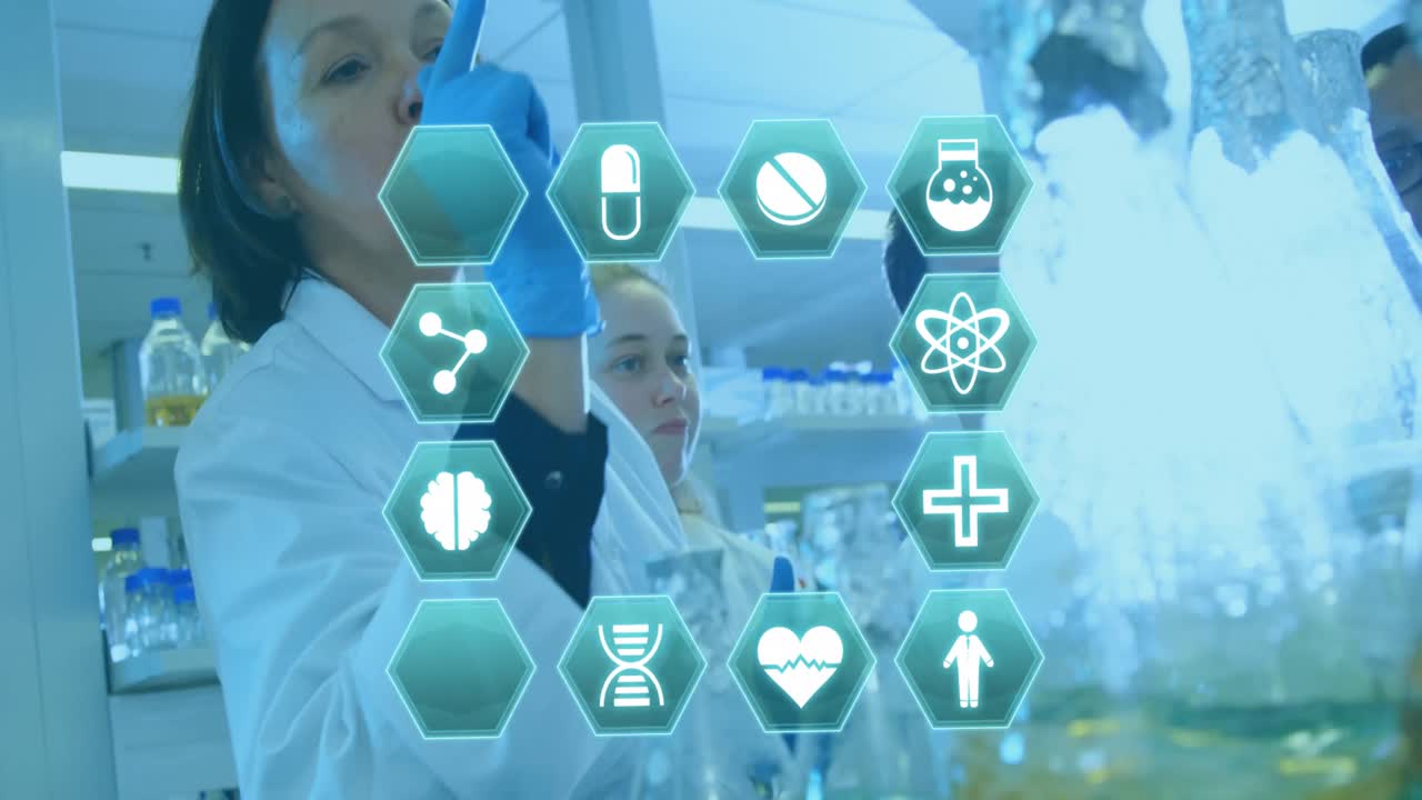 다양한 과학자 팀이 실험실에서 함께 토론하는 의학 아이콘의 애니메이션