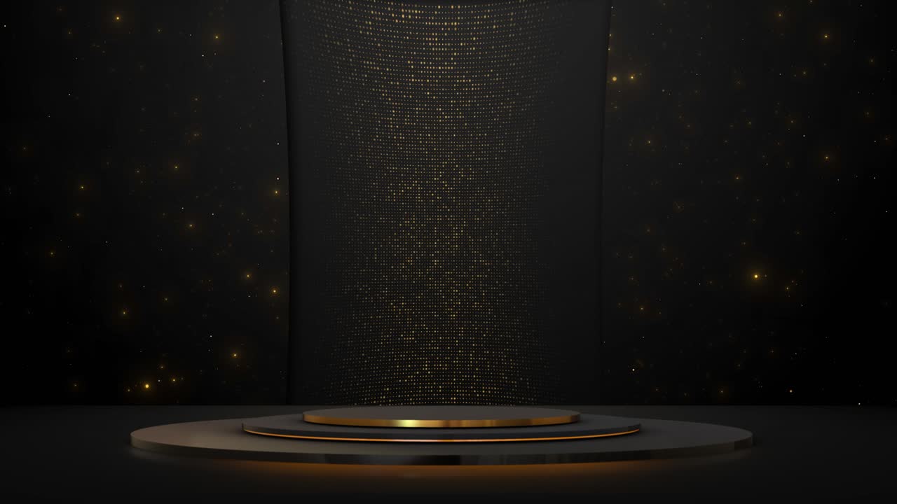 Podio scenico d'oro, podio dorato, luci spot sul palco, sfondo scenico, linee di podi, premium.