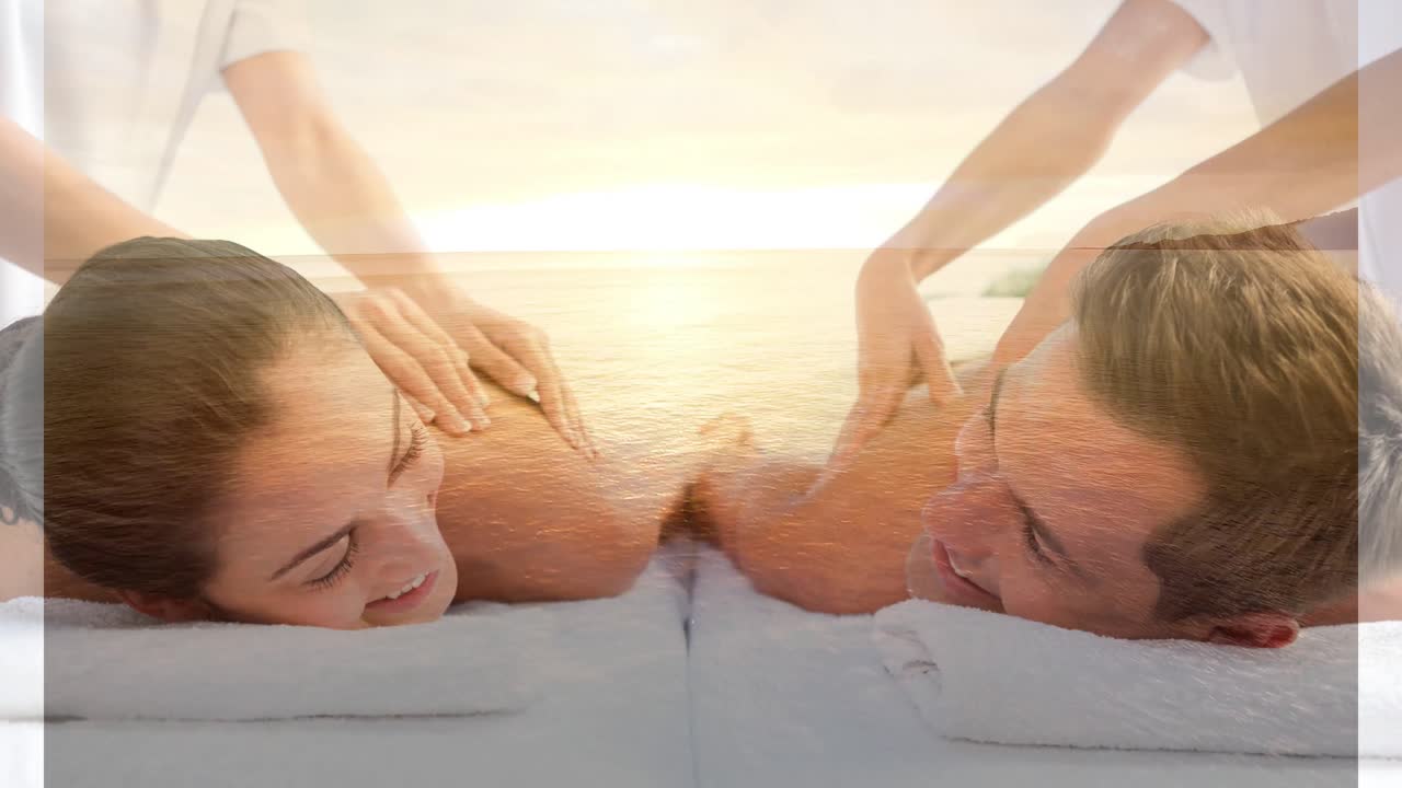 발렌타인 데이에 스파와 바다 풍경에서 마사지를 하는 커플 4k