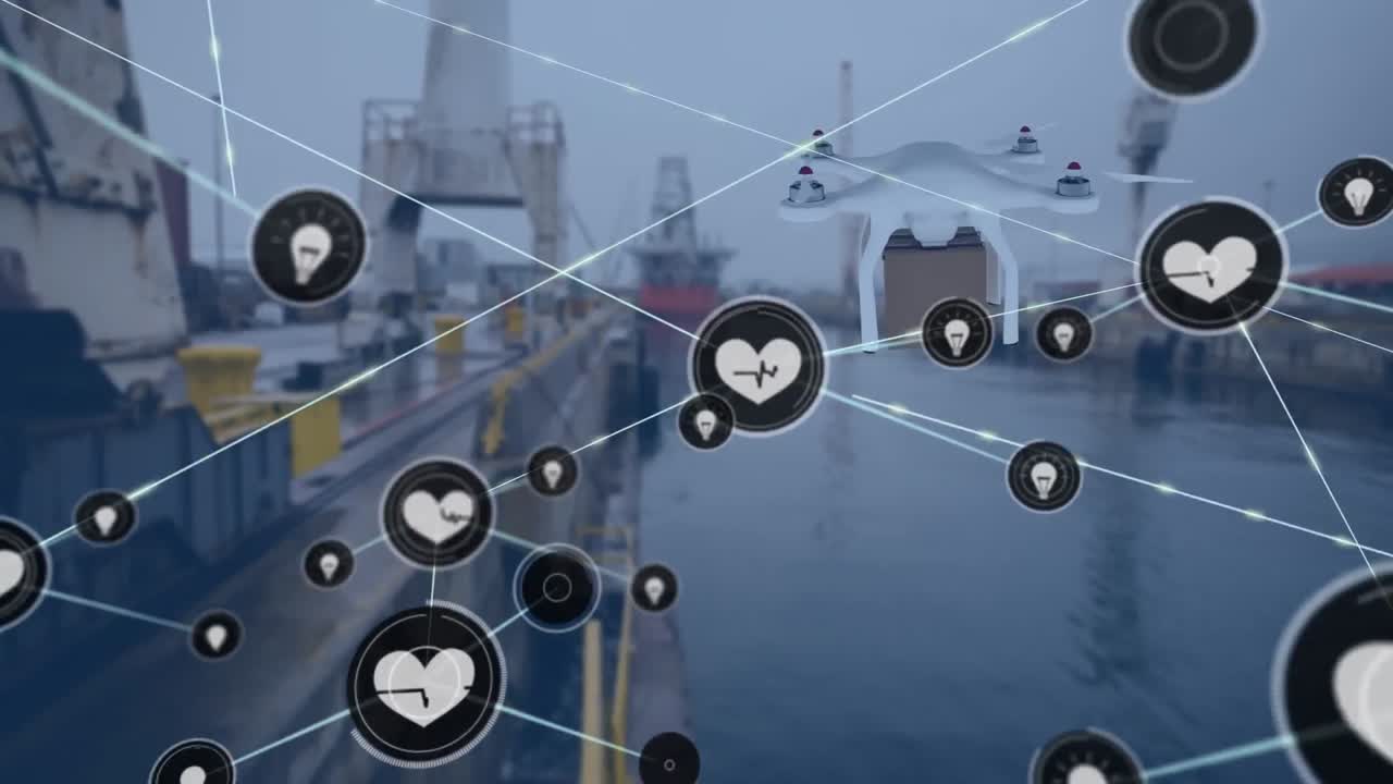 패키지를 운반하는 드론을 통해 아이콘으로 연결된 네트워크의 애니메이션