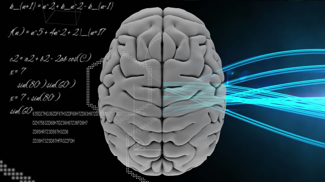 animación de la parte superior del cerebro contra la forma hexagonal y las líneas de luces