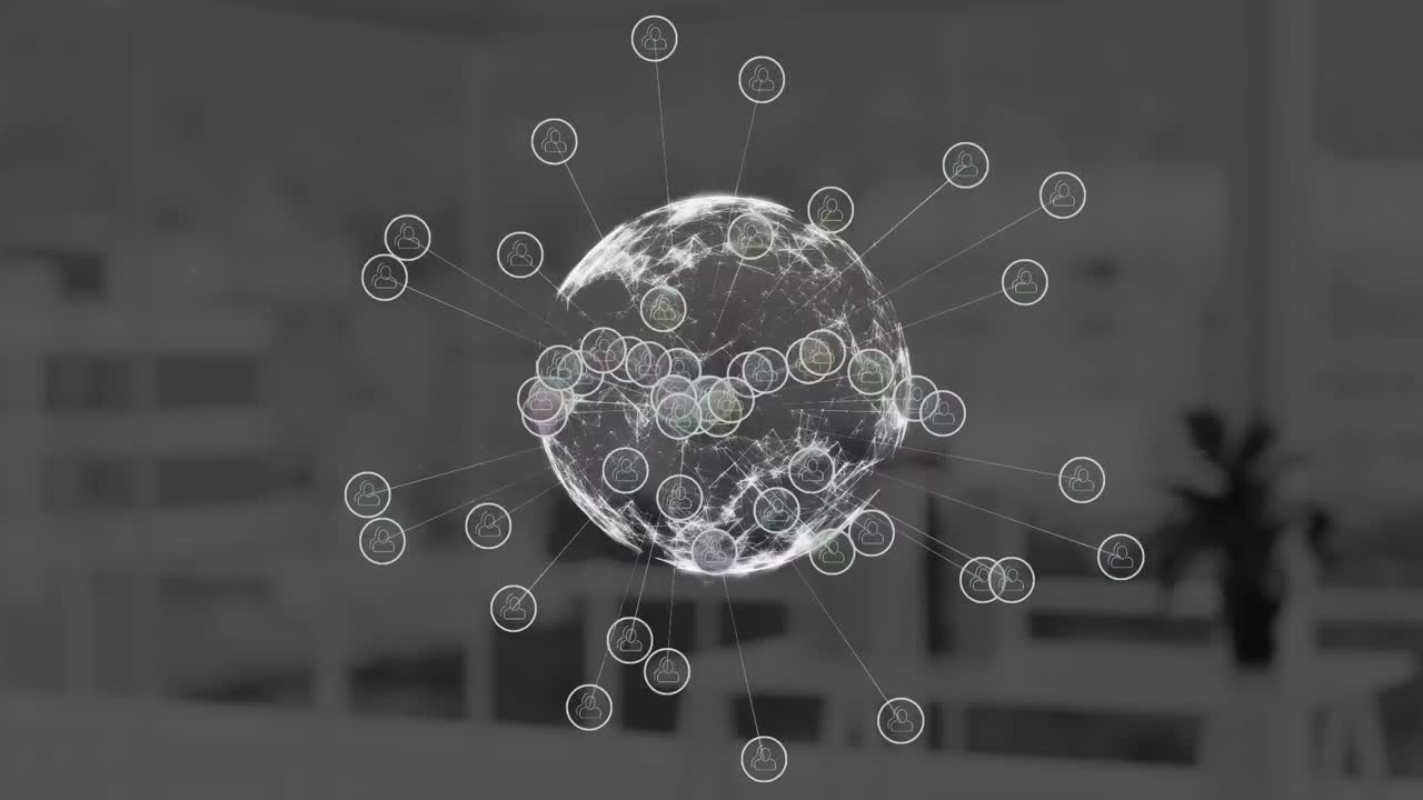 Globe of network of connection against office buildings