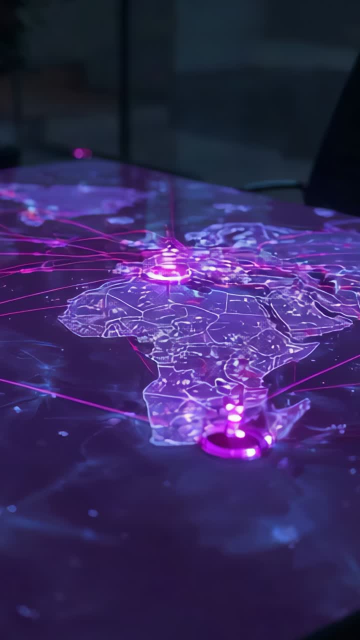 Vertical video: Activating lab table projecting purple Africa hologram with pulsing magenta nodes