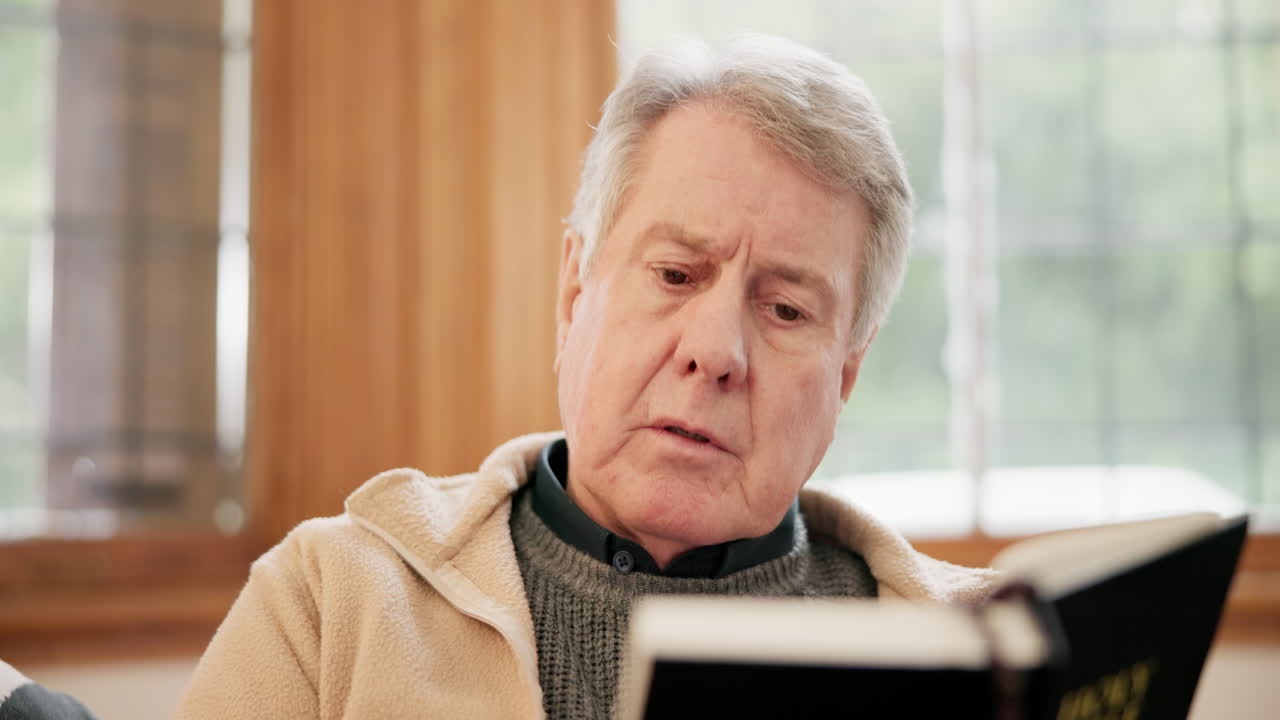 Tro, läsning och äldre man med en bibel i soffan